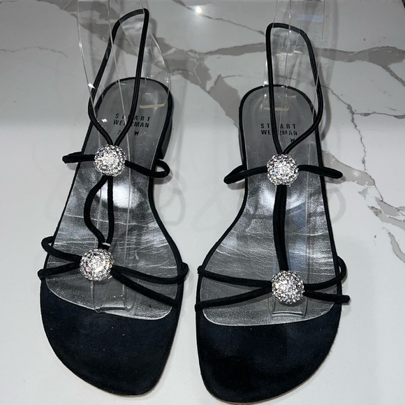 Stuart Weitzman Sz 7 Black Crystal Flat Sandals - Picture 2 of 8